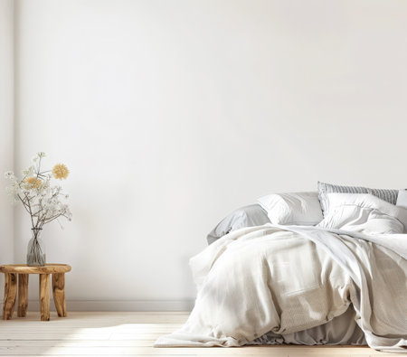 Bedroom in neutral tones and minimal decor bathed with natural light coming from a window. Interior design chic bedroom composition.の素材