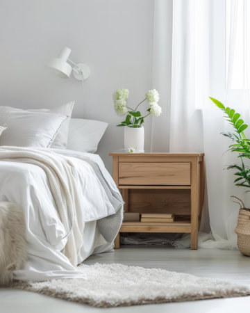 Bedroom in neutral tones and minimal decor bathed with natural light coming from a window. Interior design chic bedroom composition.の素材