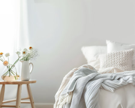 Bedroom in neutral tones and minimal decor bathed with natural light coming from a window. Interior design chic bedroom composition.の素材