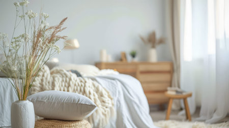 Bedroom in neutral tones and minimal decor bathed with natural light coming from a window. Interior design chic bedroom composition.の素材