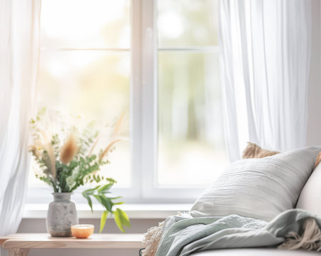 Minimalist room interiors home decor in warm tones and filled with natural light.の素材