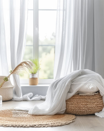 Minimalist room interiors home decor in warm tones and filled with natural light.の素材