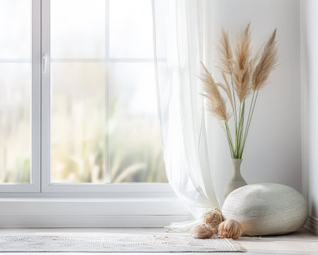 Minimalist room interiors home decor in warm tones and filled with natural light.の素材