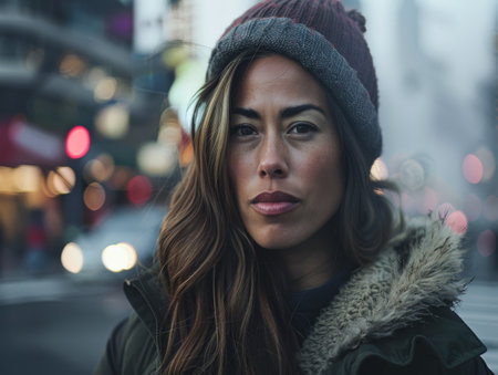 Young woman portrait on an urban city scene.の素材