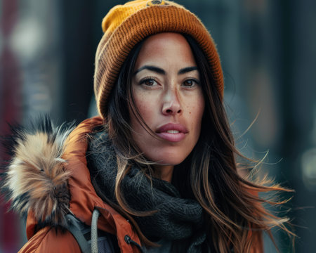 Young woman portrait on an urban city scene.の素材