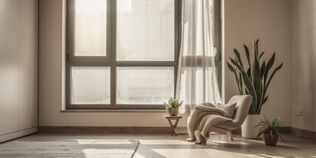 Home interiors composition with natural window light, minimalist decor and earthy tones. Interior design composition.の素材