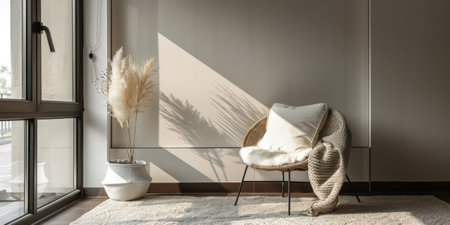 Home interiors composition with natural window light, minimalist decor and earthy tones. Interior design composition.の素材