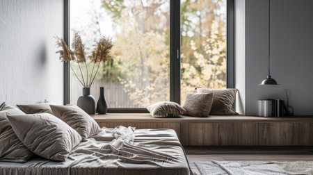 Home interiors composition with natural window light, minimalist decor and earthy tones. Interior design composition.の素材