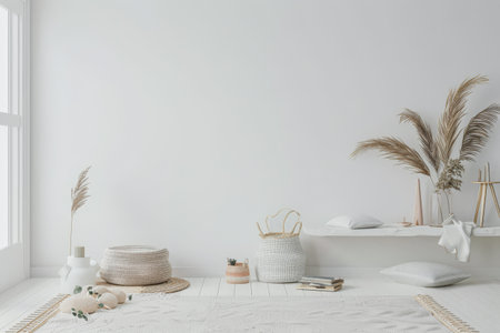 Refined minimalist interiors composition in serene colors. Copyspace for text and minimal furniture.の素材