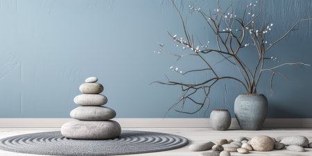 Relaxing interior design decor composition with serene colors inviting meditation. Ample copyspace for text, zen inspired.の素材