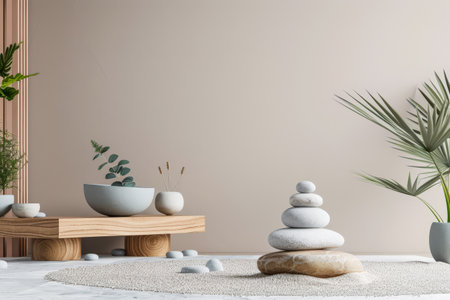 Relaxing interior design decor composition with serene colors inviting meditation. Ample copyspace for text, zen inspired.の素材