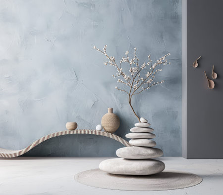 Relaxing interior design decor composition with serene colors inviting meditation. Ample copyspace for text, zen inspired.の素材