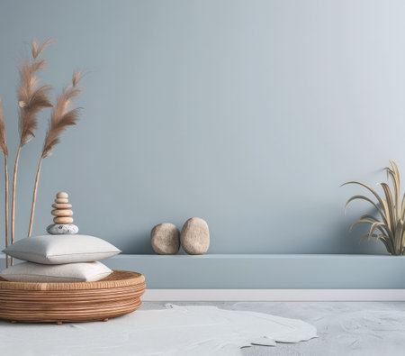 Relaxing interior design decor composition with serene colors inviting meditation. Ample copyspace for text, zen inspired.の素材