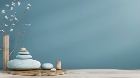 Relaxing interior design decor composition with serene colors inviting meditation. Ample copyspace for text, zen inspired.の素材