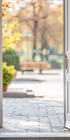 Entrance door with selective focus effect and contemporary decor.の素材