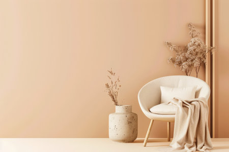 Elegant interior design in peach color with minimal furniture.の素材