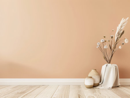 Elegant interior design in peach color with minimal furniture.の素材