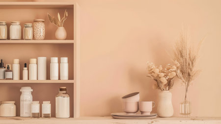 Elegant interior design in peach color with minimal furniture.の素材