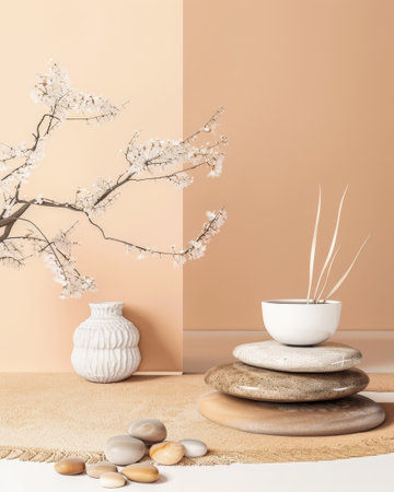 Serene interiors with zen elements in a minimalistic room composition. Copyspace for text, meditation inviting image in peach color.の素材