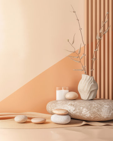 Serene interiors with zen elements in a minimalistic room composition. Copyspace for text, meditation inviting image in peach color.の素材