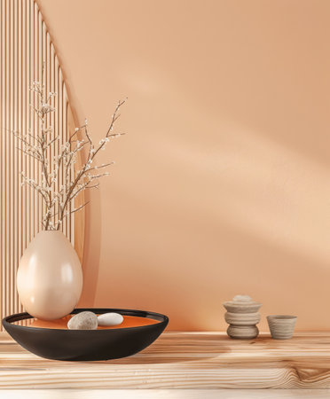 Serene interiors with zen elements in a minimalistic room composition. Copyspace for text, meditation inviting image in peach color.の素材
