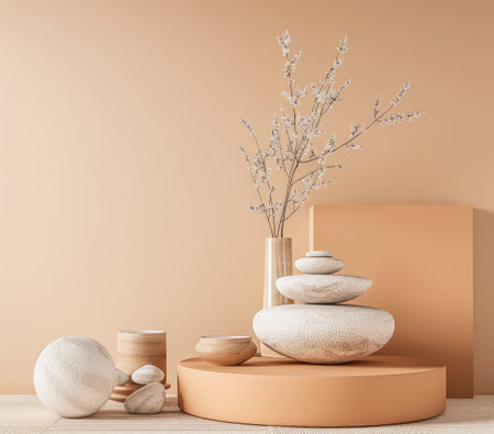 Serene interiors with zen elements in a minimalistic room composition. Copyspace for text, meditation inviting image in peach color.の素材