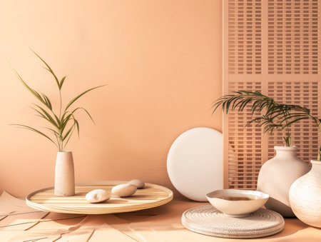 Serene interiors with zen elements in a minimalistic room composition. Copyspace for text, meditation inviting image in peach color.の素材