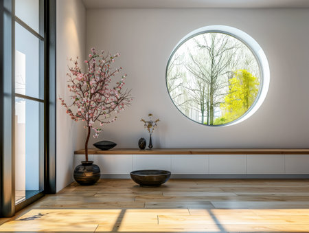 Modern zen interiors with natural elegance. Zen interior design composition with soft lighting and serene minimal furniture.の素材
