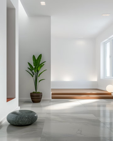 Modern zen interiors with natural elegance. Zen interior design composition with soft lighting and serene minimal furniture.の素材