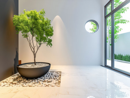 Modern zen interiors with natural elegance. Zen interior design composition with soft lighting and serene minimal furniture.の素材