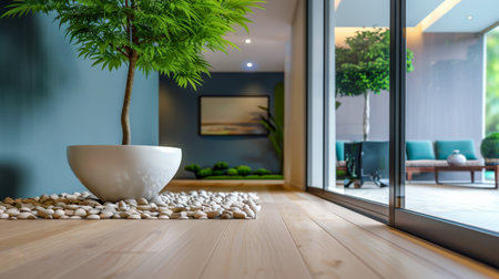 Modern zen interiors with natural elegance. Zen interior design composition with soft lighting and serene minimal furniture.の素材