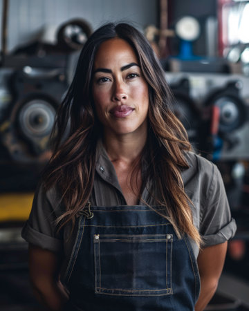 Young mechanic female at work. Empowered woman in the automotive repair business portrait.の素材