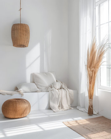 Contemporary chic interiors with minimalistic decor and natural lighting. Interior design composition with minimal boho furnitureの素材