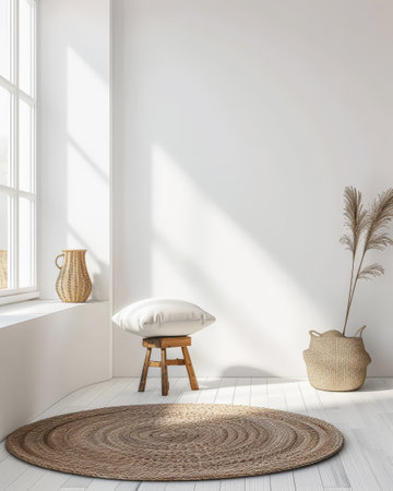 Contemporary chic interiors with minimalistic decor and natural lighting. Interior design composition with minimal boho furnitureの素材