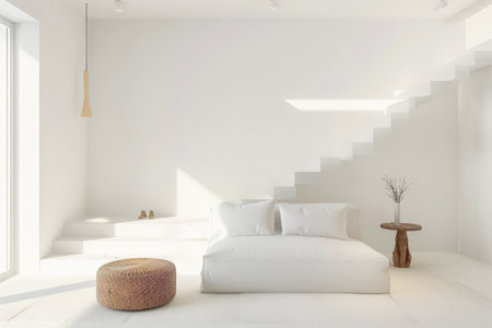 Contemporary chic interiors with minimalistic decor and natural lighting. Interior design composition with minimal boho furnitureの素材