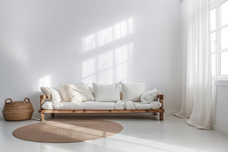 Contemporary chic interiors with minimalistic decor and natural lighting. Interior design composition with minimal boho furnitureの素材