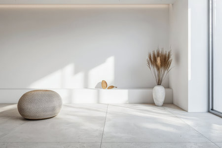 Contemporary chic interiors with minimalistic decor and natural lighting. Interior design composition with minimal boho furnitureの素材