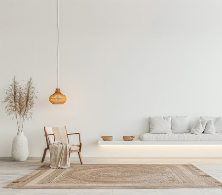 Chic interiors with minimalistic decor and natural lighting. Interior design composition with minimal boho furniture.の素材