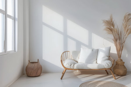 Chic interiors with minimalistic decor and natural lighting. Interior design composition with minimal boho furniture.の素材