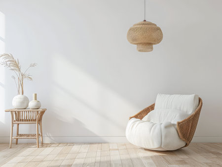 Chic interiors with minimalistic decor and natural lighting. Interior design composition with minimal boho furniture.の素材
