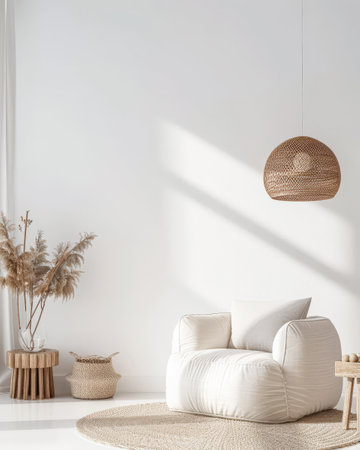 Chic interiors with minimalistic decor and natural lighting. Interior design composition with minimal boho furniture.の素材