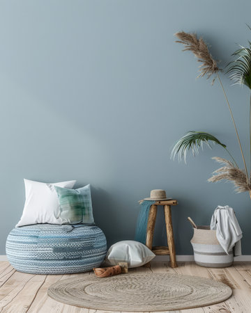 Serene home terrace decor with coastal tones and chic decor. Home design concept image.の素材