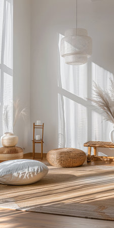 Minimalist interiors design composition with zen elements and minimal furniture.の素材