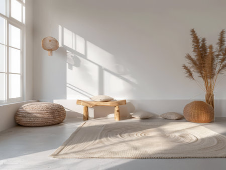 Minimalist interiors design composition with zen elements and minimal furniture.の素材