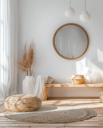 Minimalist interiors design composition with zen elements and minimal furniture.の素材