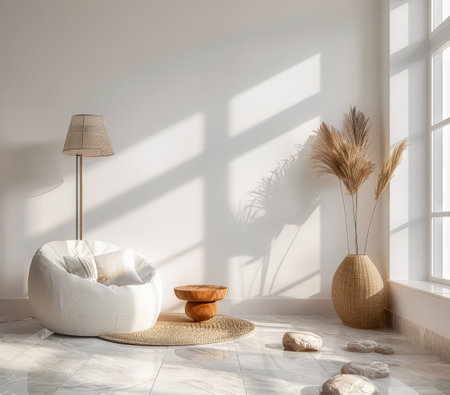 Minimalist interiors design composition with zen elements and minimal furniture.の素材
