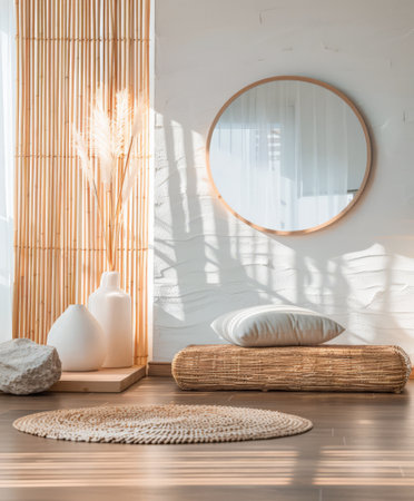 Minimalist interiors design composition with zen elements and minimal furniture.の素材