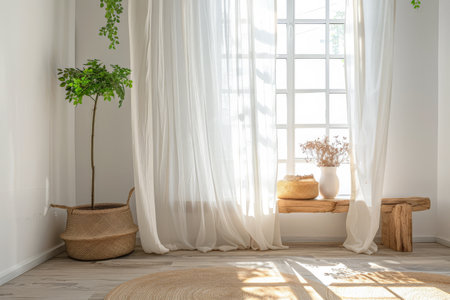 Minimalist interiors design composition with natural lighting coming from a window.の素材