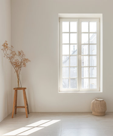Minimalist interiors design composition with natural lighting coming from a window.の素材
