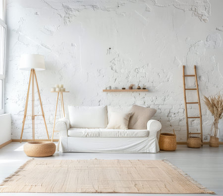 Artist loft living room space with boho elements. Interior design concept composition.の素材